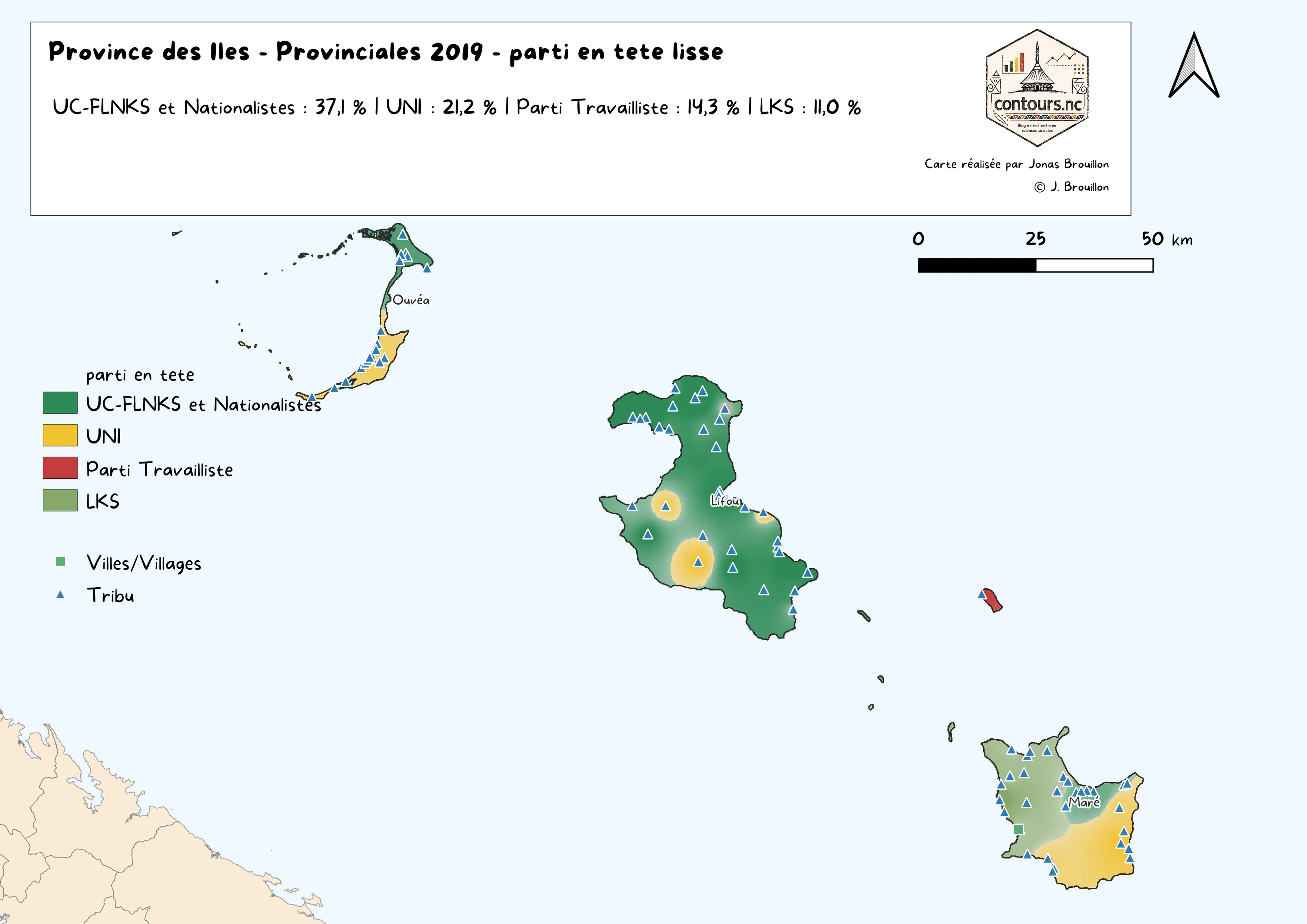 Province des Îles : liste arrivée en tête et intensité de son avance autour des lieux de vote.