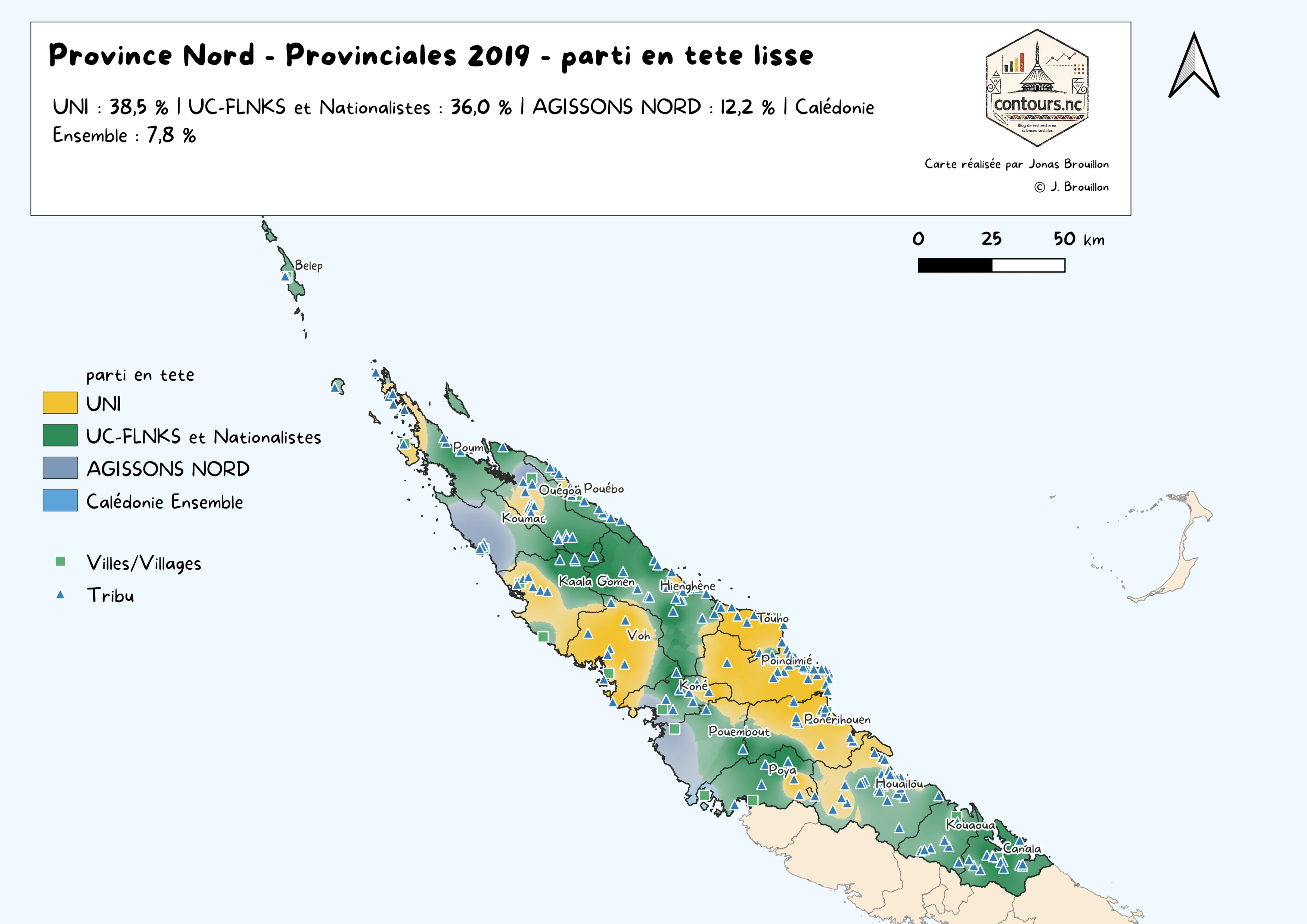 Province Nord : liste arrivée en tête et intensité de son avance autour des lieux de vote.
