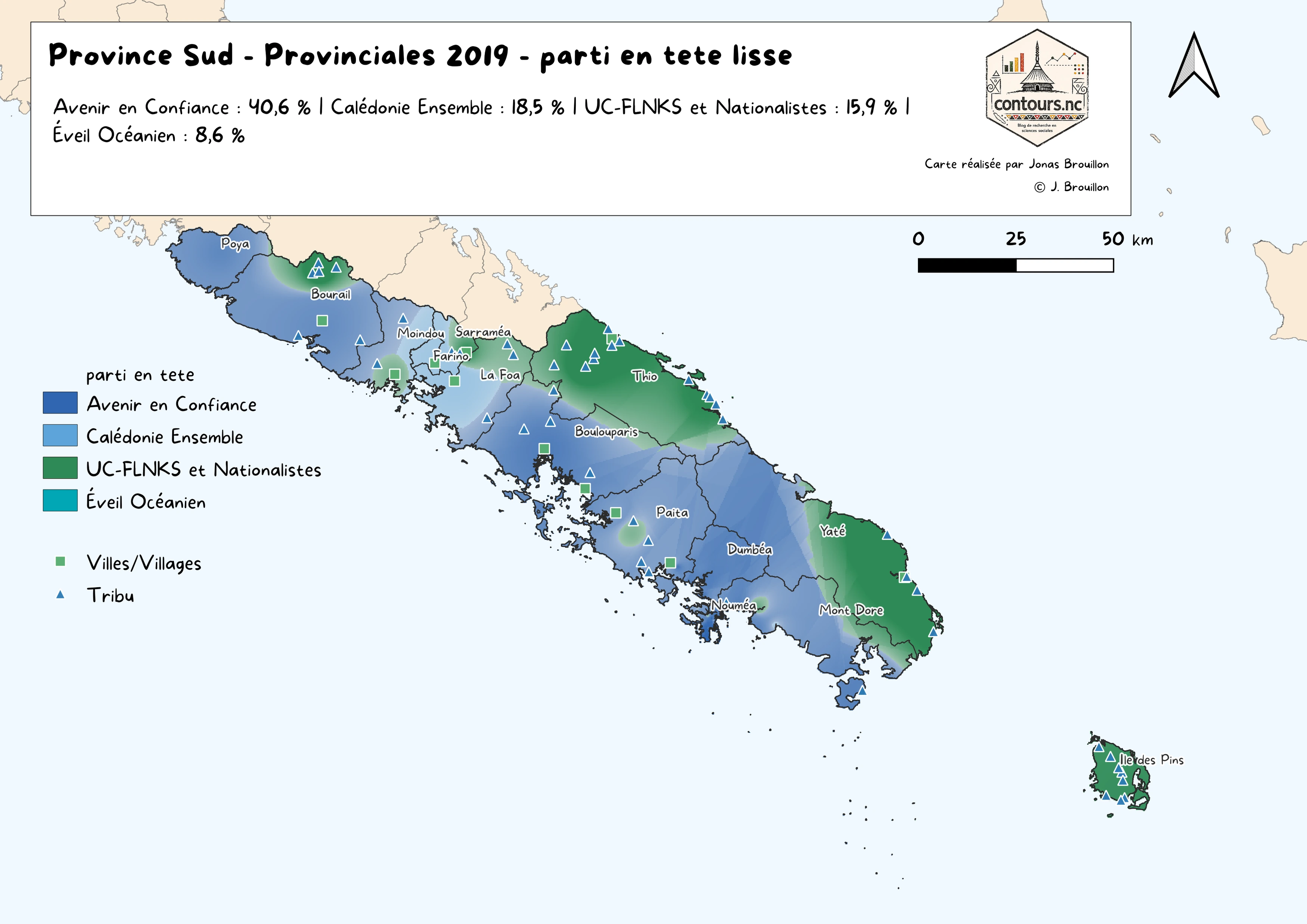 Province Sud : liste arrivée en tête et intensité de son avance autour des lieux de vote.