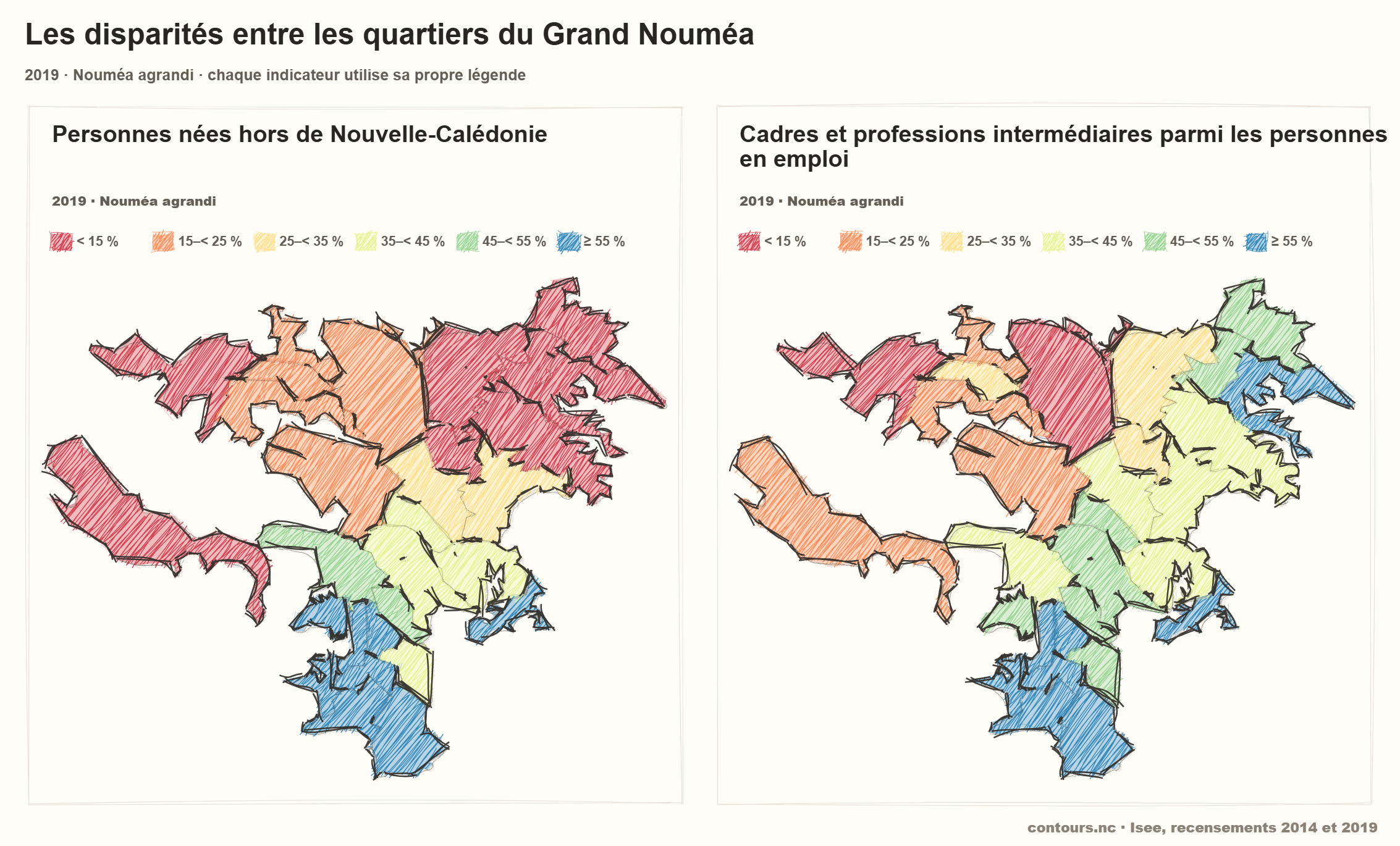 Deux cartes crayonnées comparant des indicateurs territoriaux en Nouvelle-Calédonie