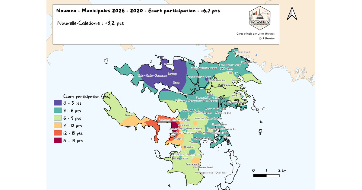 Carte des écarts de participation entre les municipales 2020 et 2026 à Nouméa