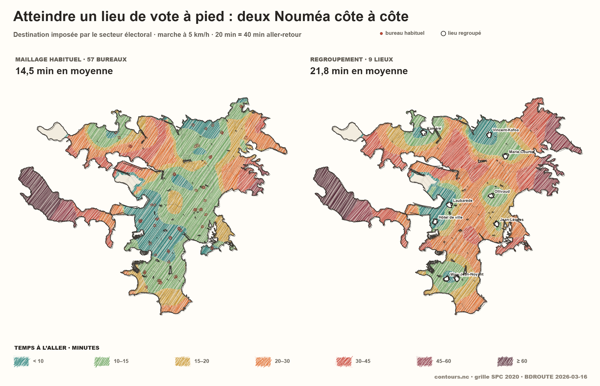 Deux cartes comparant les temps de trajet vers les lieux de vote à Nouméa