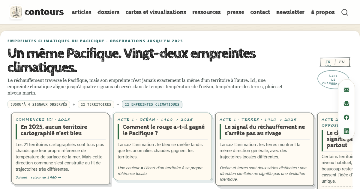 Capture de la dataviz Empreintes climatiques du Pacifique, avec son titre et les premières étapes du récit interactif