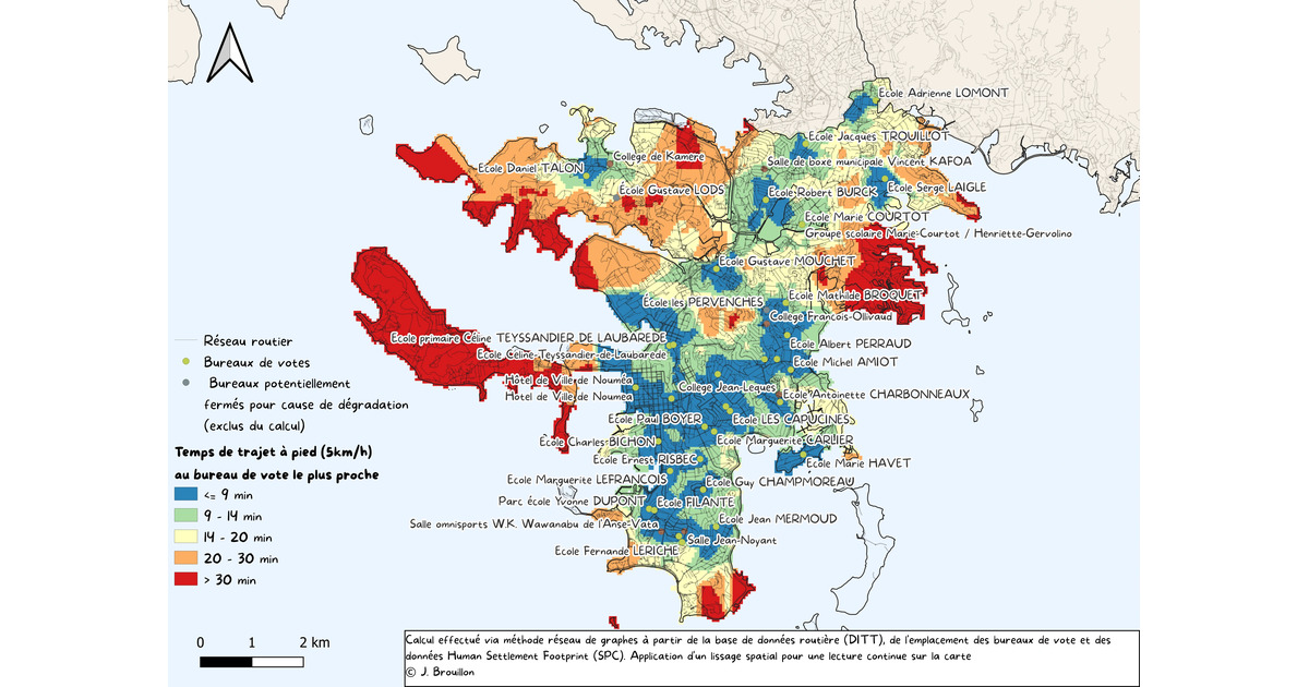 Carte des temps de trajet à pied vers le bureau de vote le plus proche à Nouméa